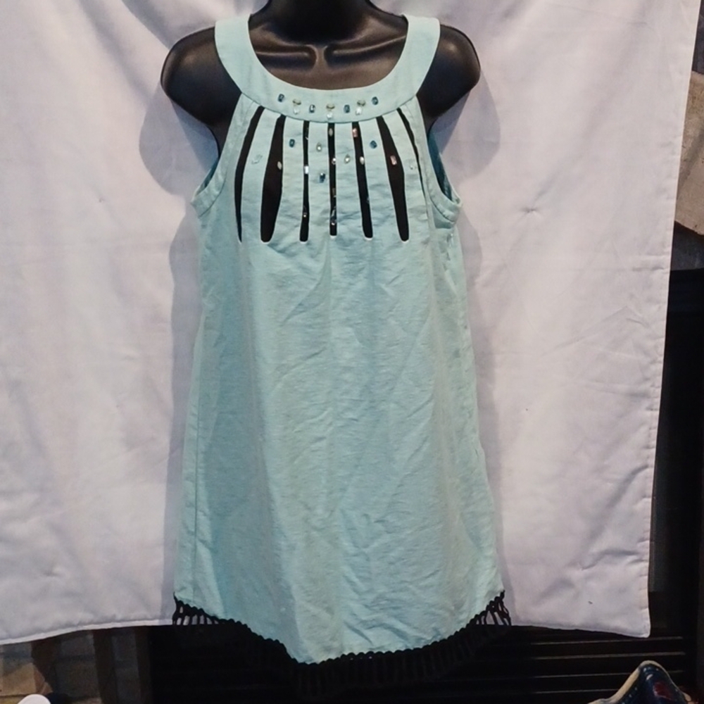 Bernini Designer Dress, mint color w/black lining & lace, embellished, Size 11